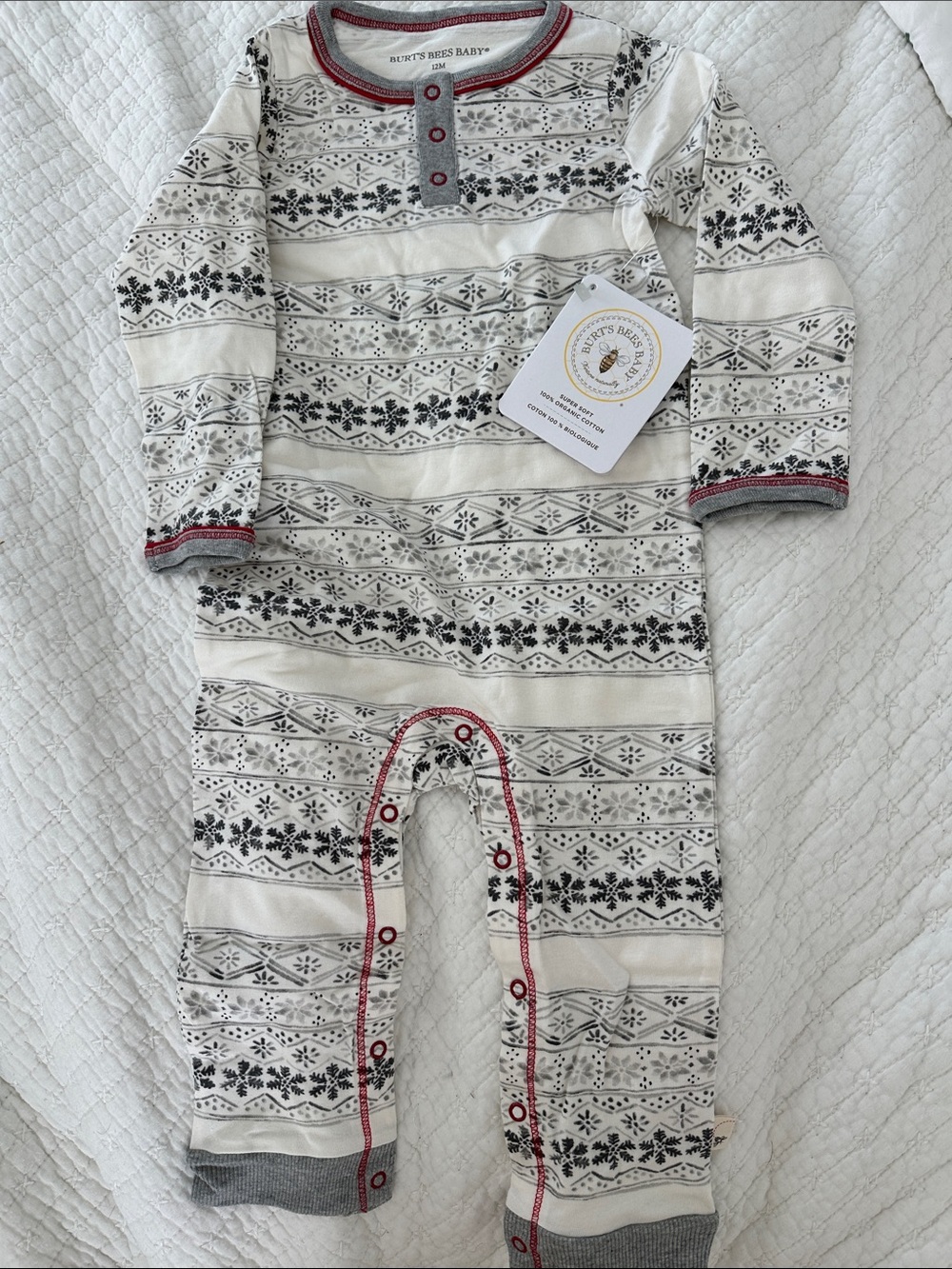 Burt's Bees Baby 12M Cream, Gray & Red Fair Isle One-Piece Festive Footie